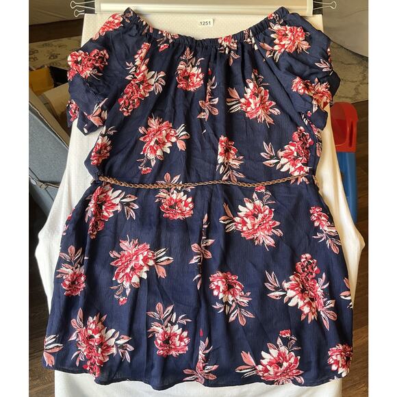 Paper Tee Women Dress 2X Navy Floral A-Line Belted Short Sleeve Off Shoulder - Picture 11 of 11